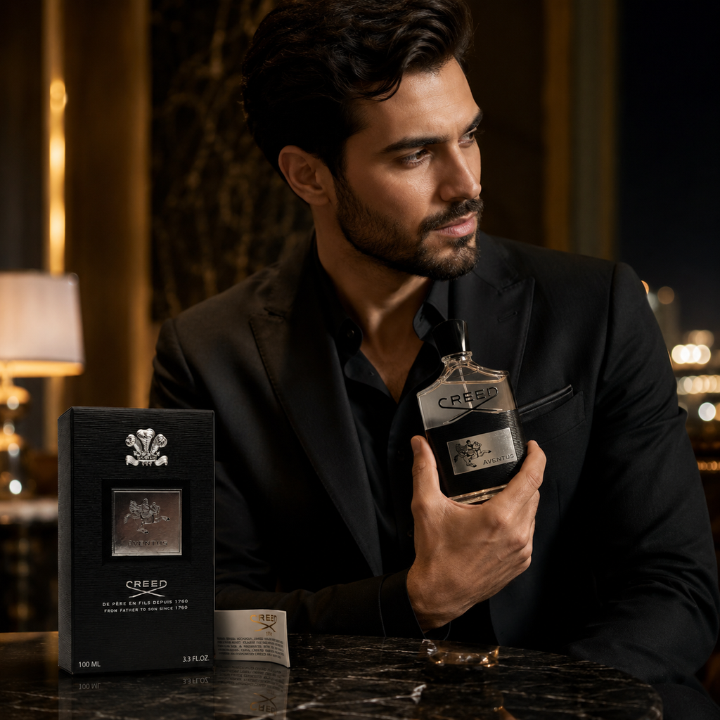 Elegant male model holding Creed Aventus perfume in luxury UAE-inspired fashion campaign setting.