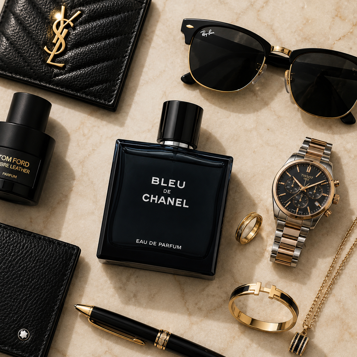 Premium men's perfume arranged with sunglasses, watch, jewelry, and leather accessories in a luxury flat lay composition.