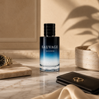 Luxury men's Eau de Parfum displayed on a marble surface with premium accessories in an elegant editorial composition.