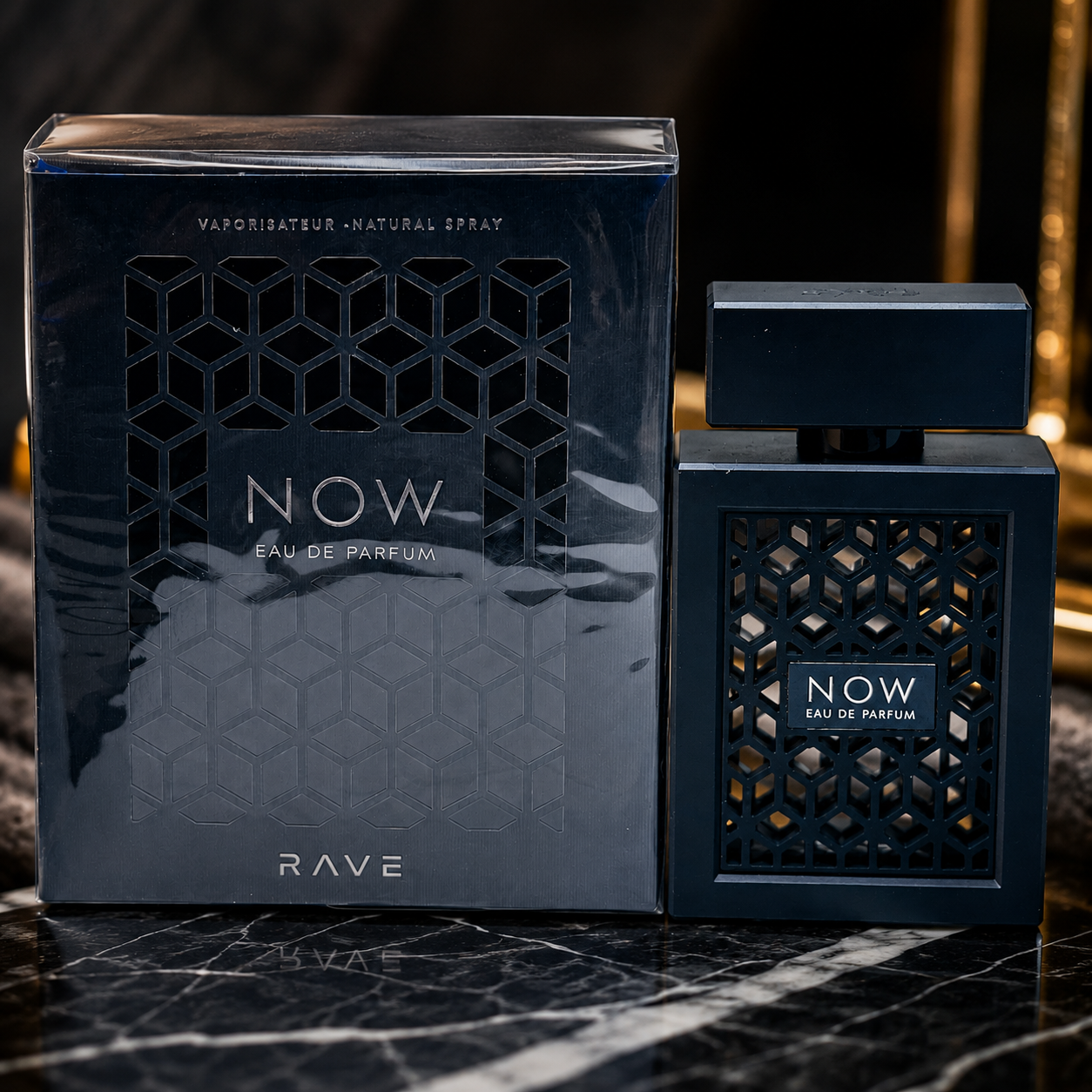 Luxury men's perfume NOW by RAVE displayed in premium Dubai-inspired lifestyle setting.