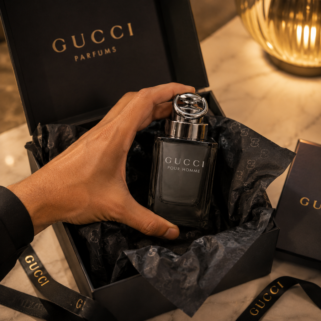 Luxury men's fragrance presented in elegant gift packaging with premium tissue paper and ribbon, showcasing a sophisticated unboxing experience.