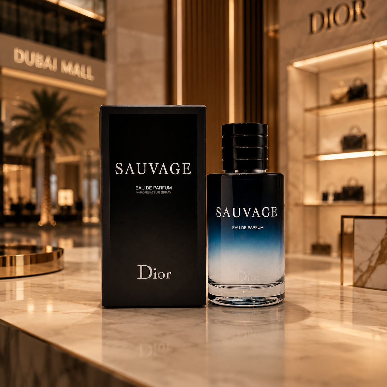 Premium men's Eau de Parfum displayed in a luxury Dubai-inspired boutique with elegant lighting and sophisticated surroundings.