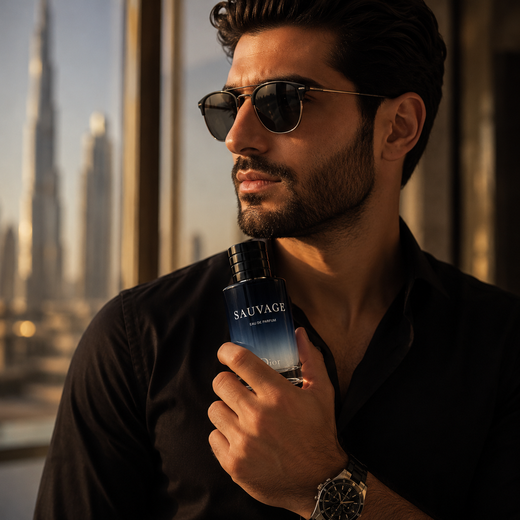 Elegant man holding premium Eau de Parfum fragrance in a luxury lifestyle setting inspired by modern UAE fashion.