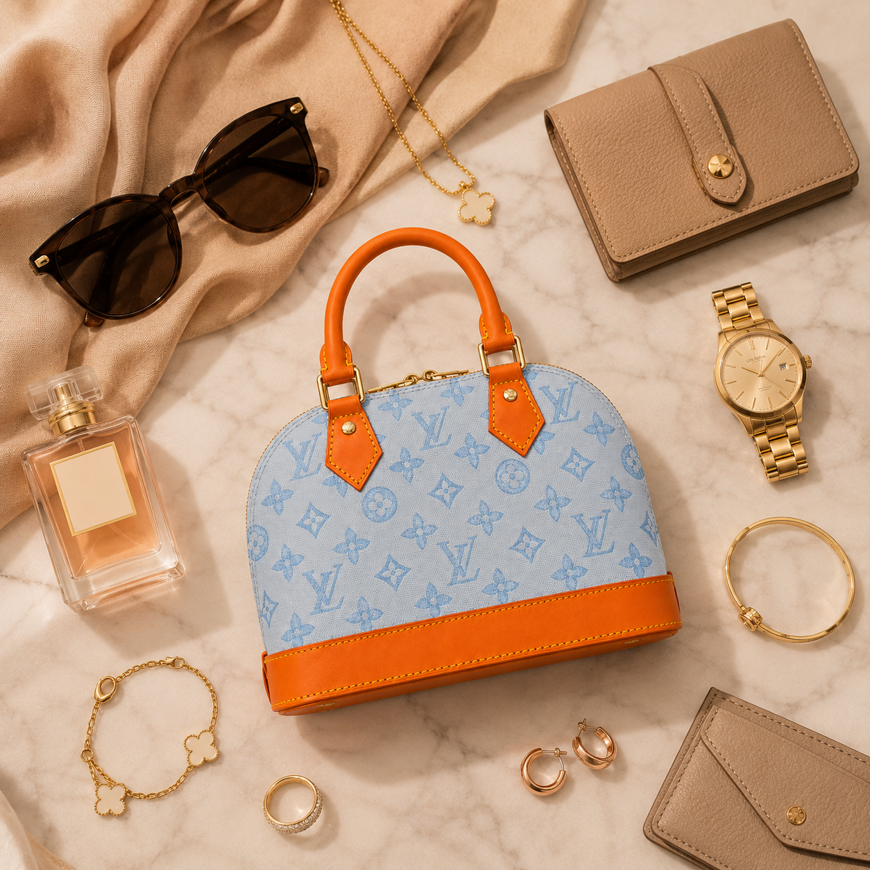 Luxury women’s handbag displayed on marble surface with premium accessories and elegant beige luxury aesthetic