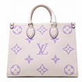 Designer handbag with purple monogram pattern on a white background