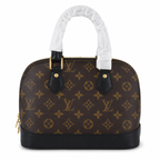 Luxury monogram dome handbag with black leather trim and gold hardware on a white background for women's fashion.
