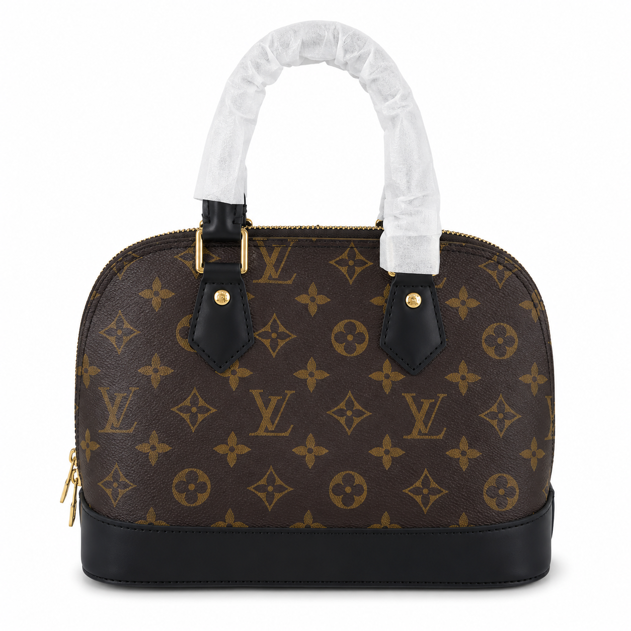 Luxury monogram dome handbag with black leather trim and gold hardware on a white background for women's fashion.