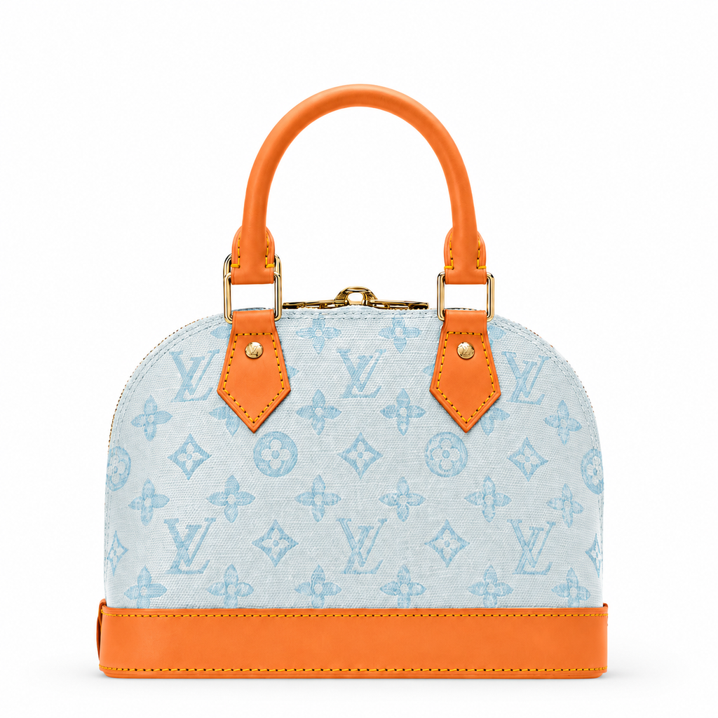 Luxury women’s monogram dome handbag with orange leather handles and elegant designer-inspired detailing on white background