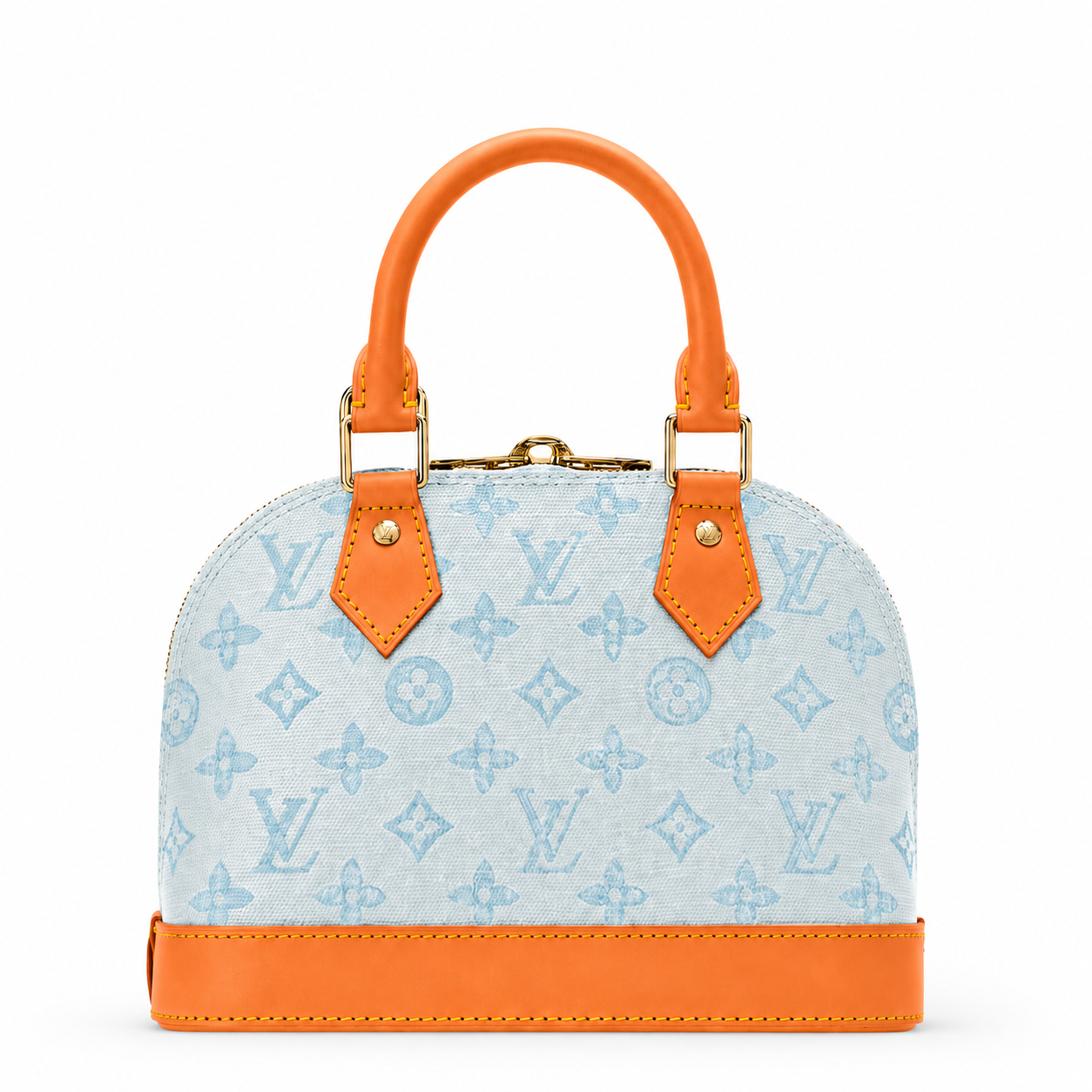 Luxury women’s monogram dome handbag with orange leather handles and elegant designer-inspired detailing on white background
