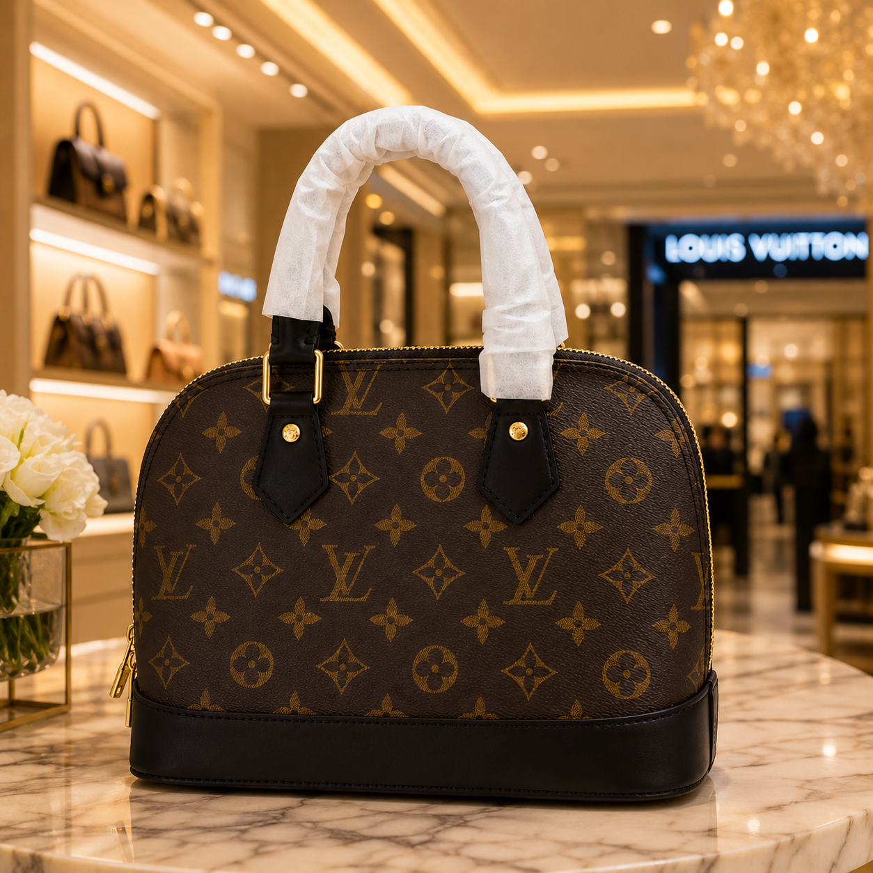 Luxury monogram dome handbag displayed in an elegant Dubai-inspired luxury boutique with premium lighting.