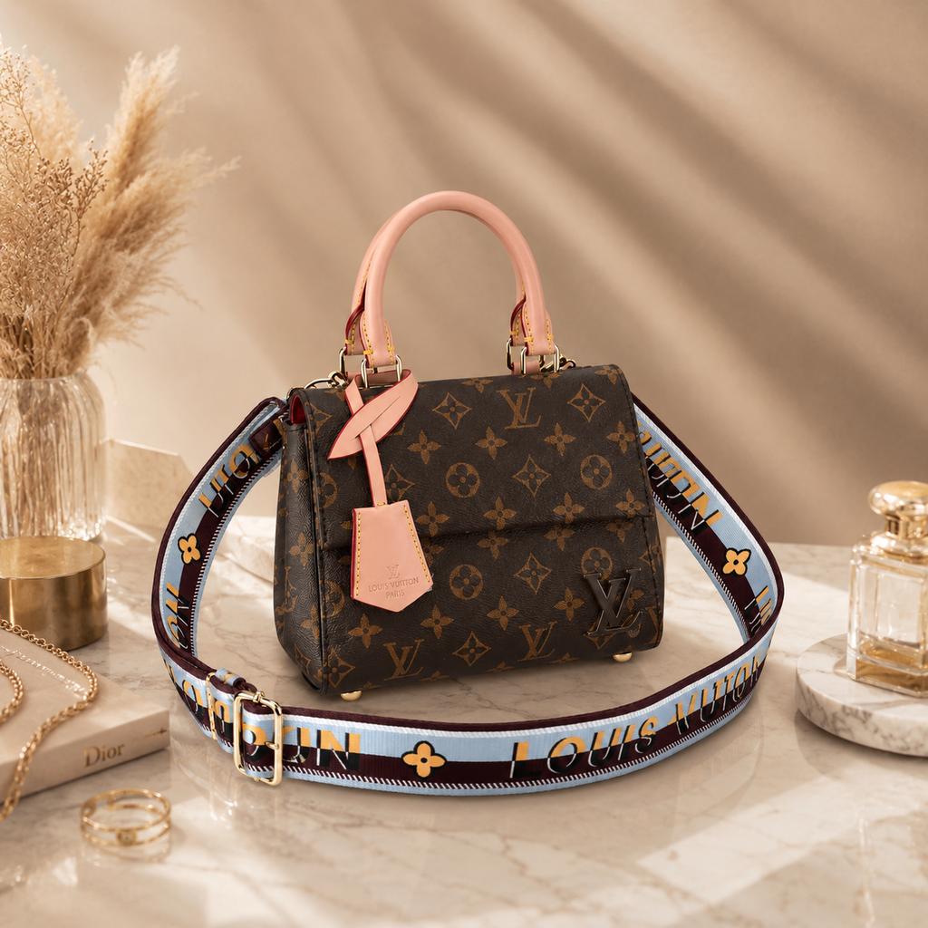 Luxury women’s handbag styled on marble surface with elegant accessories and beige luxury background