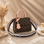 Luxury women’s handbag styled on marble surface with elegant accessories and beige luxury background