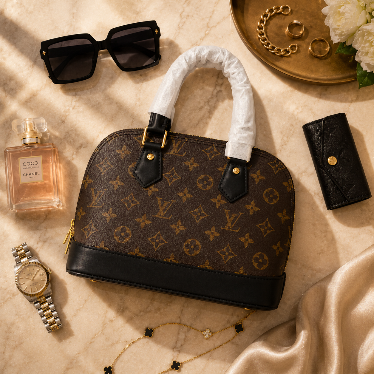 Flat lay of a luxury monogram dome handbag with sunglasses, perfume, watch, jewelry, and leather accessories on a marble background.