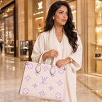 Woman holding a white handbag with purple patterns in a mall setting