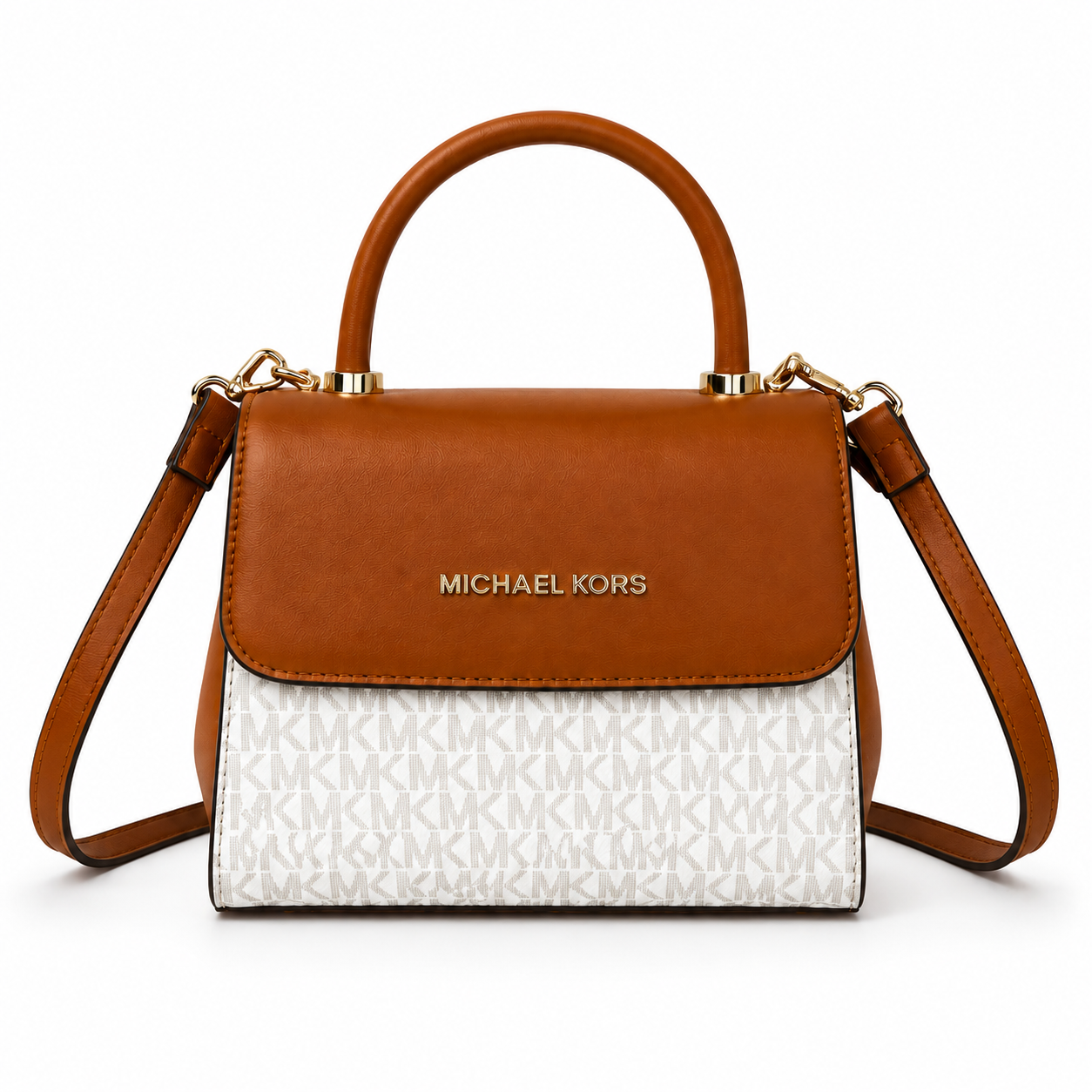 Luxury women’s monogram crossbody handbag with top handle, gold hardware, and elegant brown and cream designer-style finish on white background.
