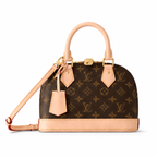Elegant luxury monogram handbag with beige leather trim and structured silhouette on white background