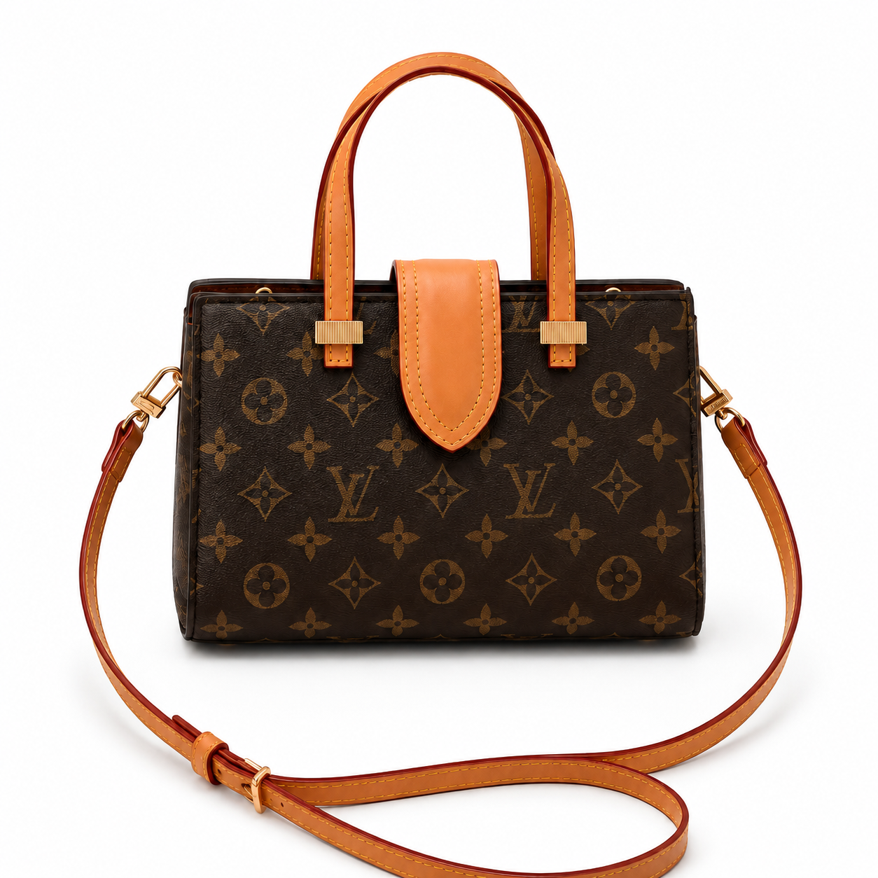 Luxury women’s monogram tote handbag with adjustable shoulder strap and gold-tone hardware on white background.