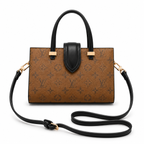 Luxury brown monogram tote handbag with black leather handles and crossbody strap on white background