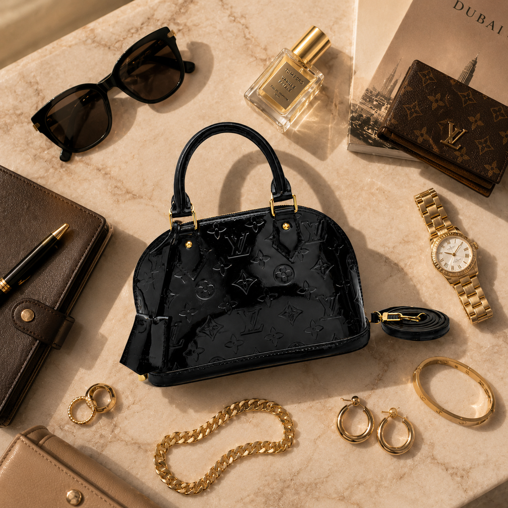 Luxury black patent leather purse with embossed detailing and elegant top handle for Dubai fashion style.