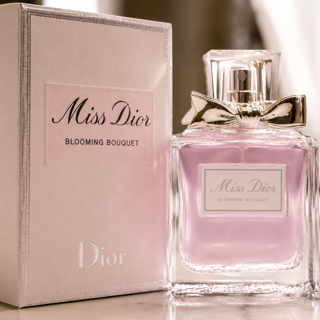 Close-up view of luxury perfume bottle showcasing premium glass quality, metallic bow detail and elegant craftsmanship
