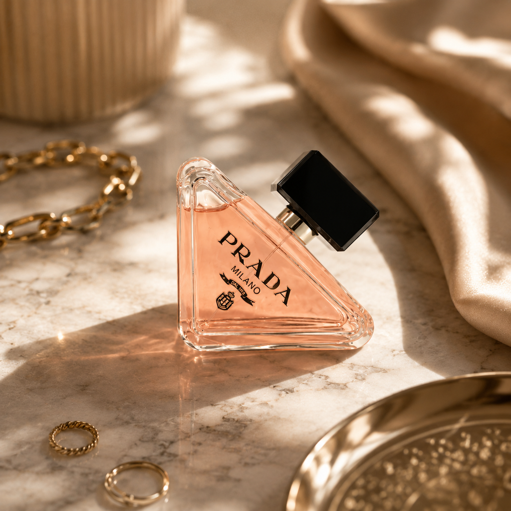 Luxury women's perfume displayed on marble surface with soft beige tones and premium editorial styling accessories