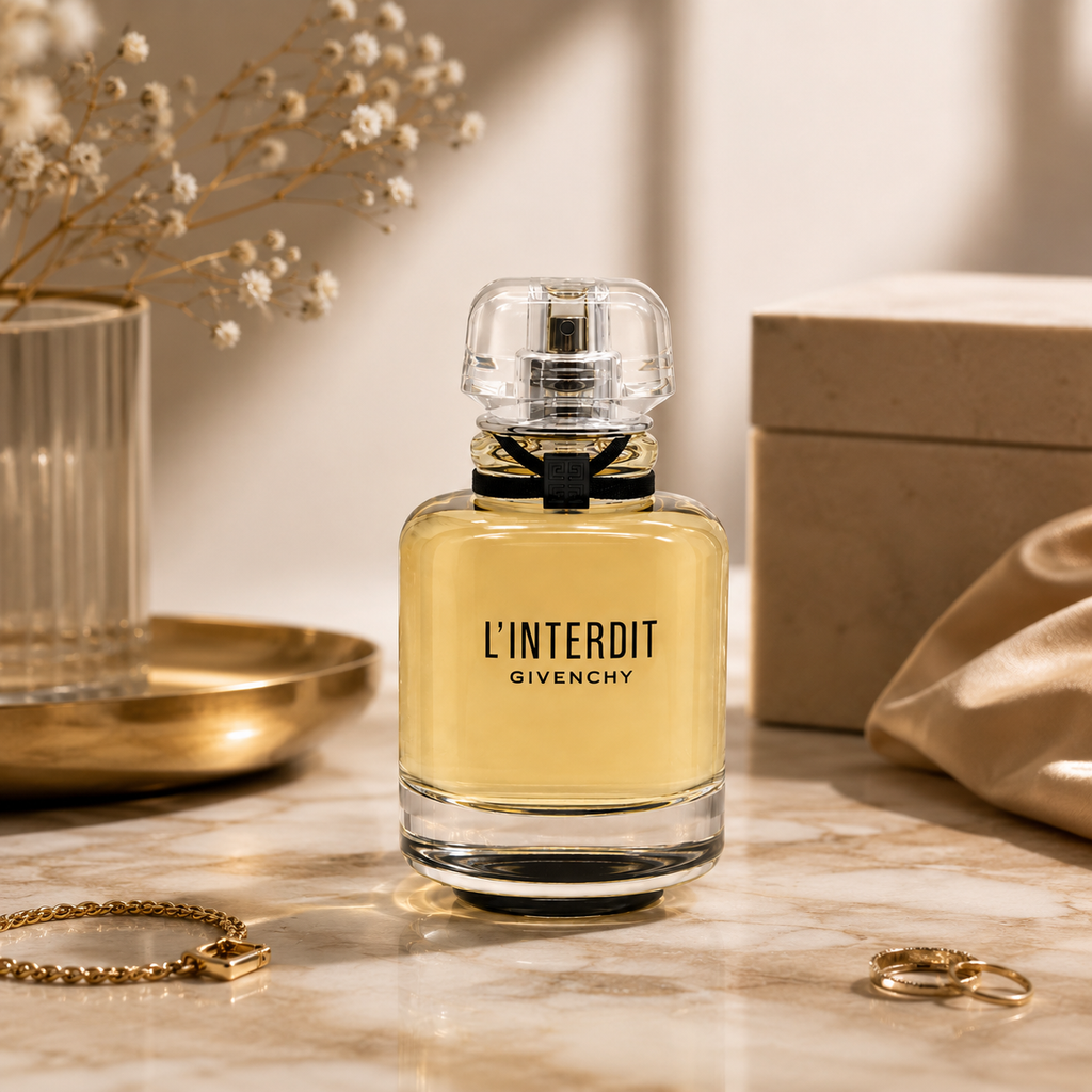 Premium women's perfume displayed on marble surface with luxury accessories and sophisticated editorial styling.