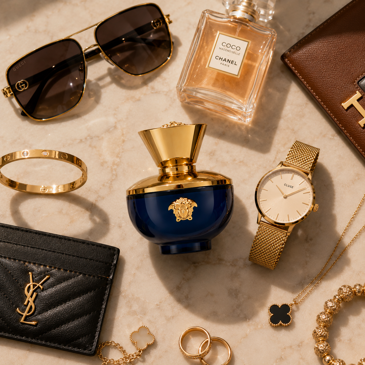 Women's luxury perfume styled on marble surface with premium fashion accessories