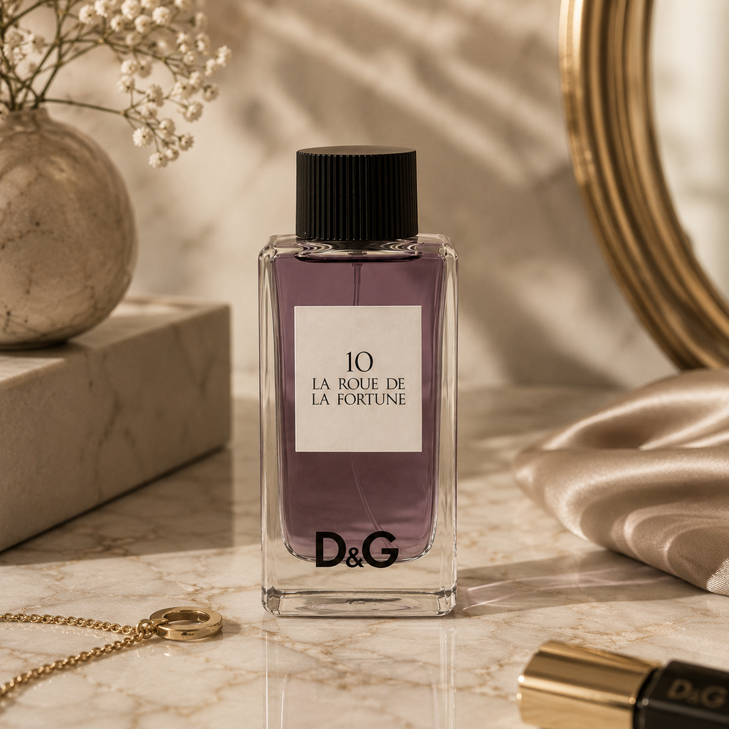 Premium Eau de Parfum displayed on a marble surface with elegant accessories and sophisticated editorial styling.