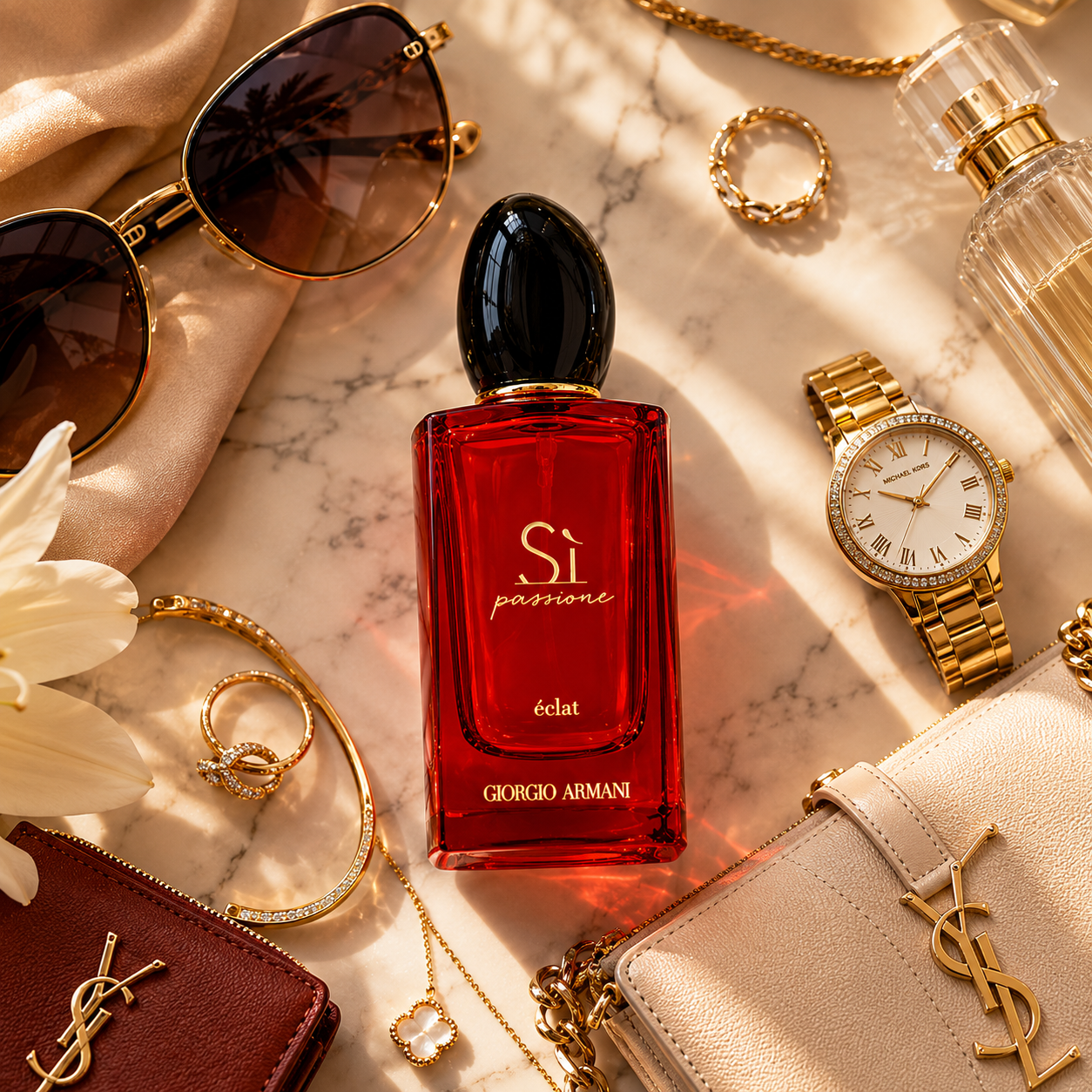 Luxury women's perfume arranged with designer-inspired sunglasses, jewelry, watch, and fashion accessories on marble background.