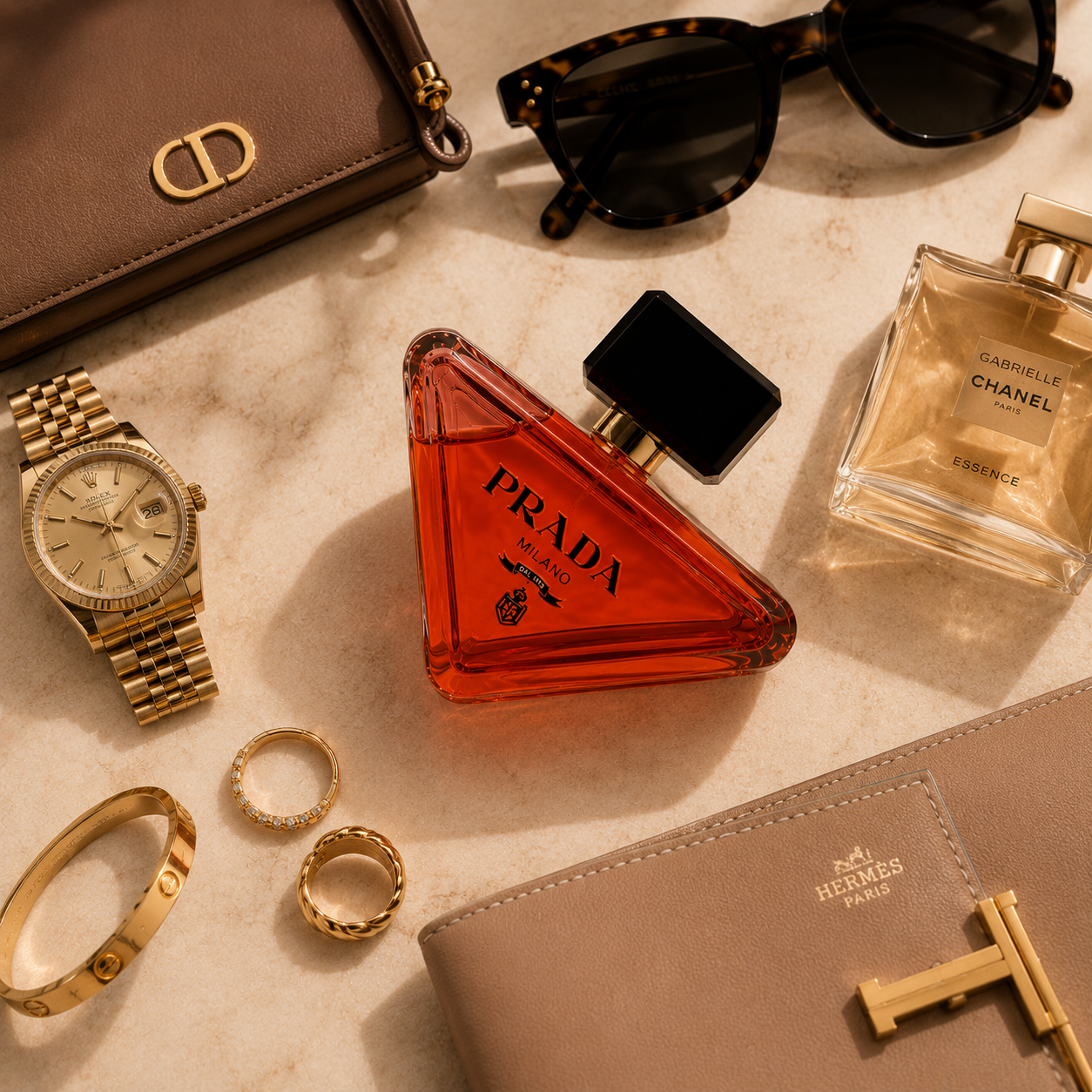 Premium flatlay featuring luxury perfume with sunglasses, watch, jewelry, and designer-inspired fashion accessories.