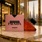 Premium women's perfume displayed in a luxury Dubai boutique environment with elegant golden lighting and sophisticated styling.