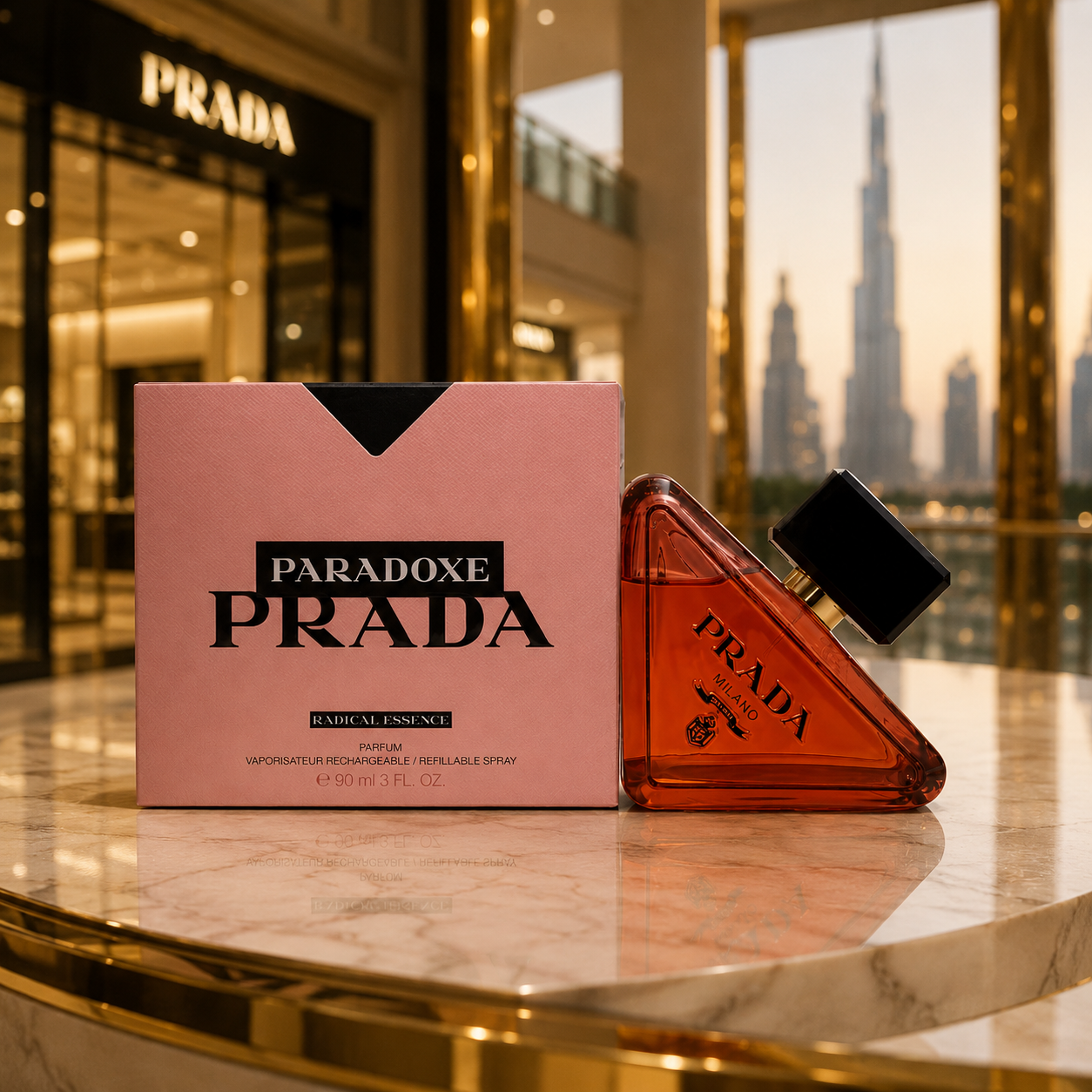 Premium women's perfume displayed in a luxury Dubai boutique environment with elegant golden lighting and sophisticated styling.