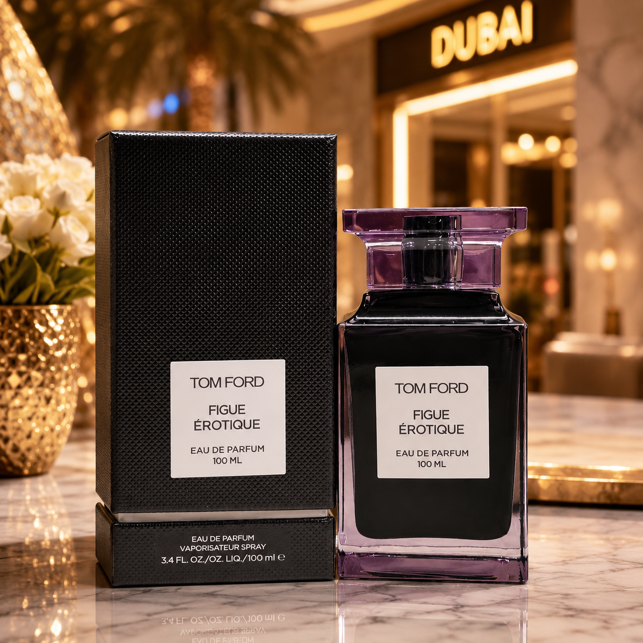 Luxury Eau de Parfum displayed in elegant Dubai luxury boutique environment with premium golden lighting and sophisticated lifestyle aesthetic