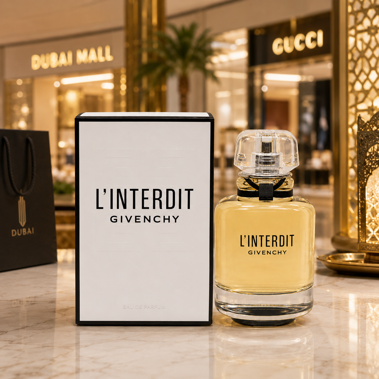 Premium women's perfume displayed in a luxury Dubai-inspired boutique environment with elegant golden lighting.