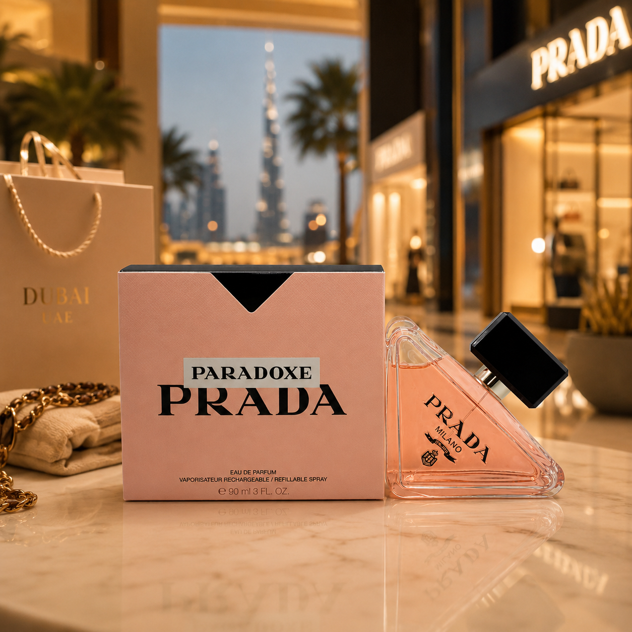 Luxury women's perfume displayed in an elegant Dubai-inspired boutique with premium fashion and luxury shopping aesthetic