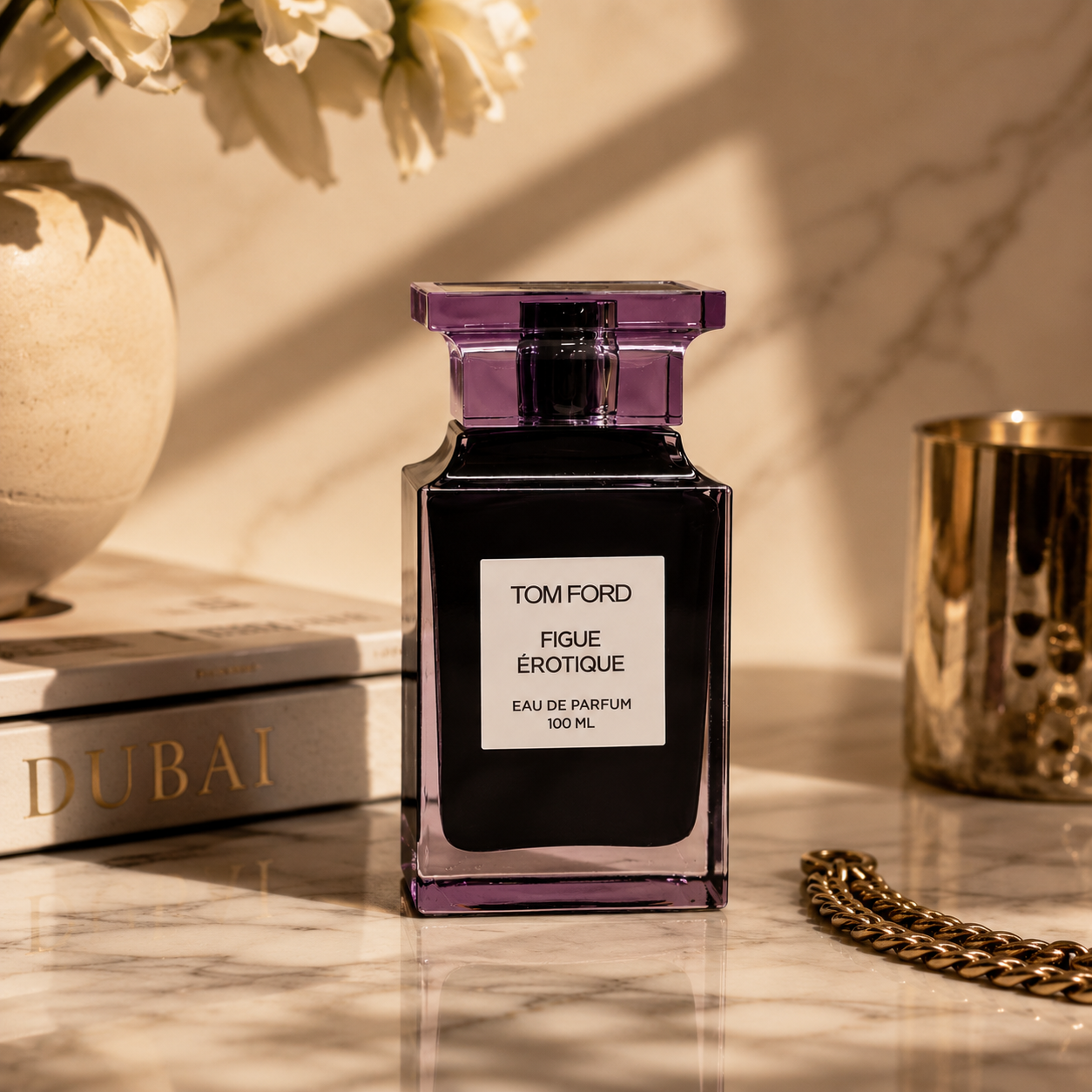 Premium Eau de Parfum displayed on marble surface with luxury accessories, soft beige tones and elegant editorial photography styling