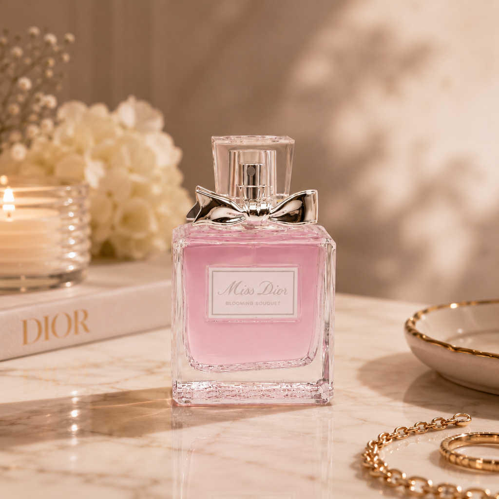 Premium floral perfume displayed on marble surface with luxury accessories and soft beige editorial styling
