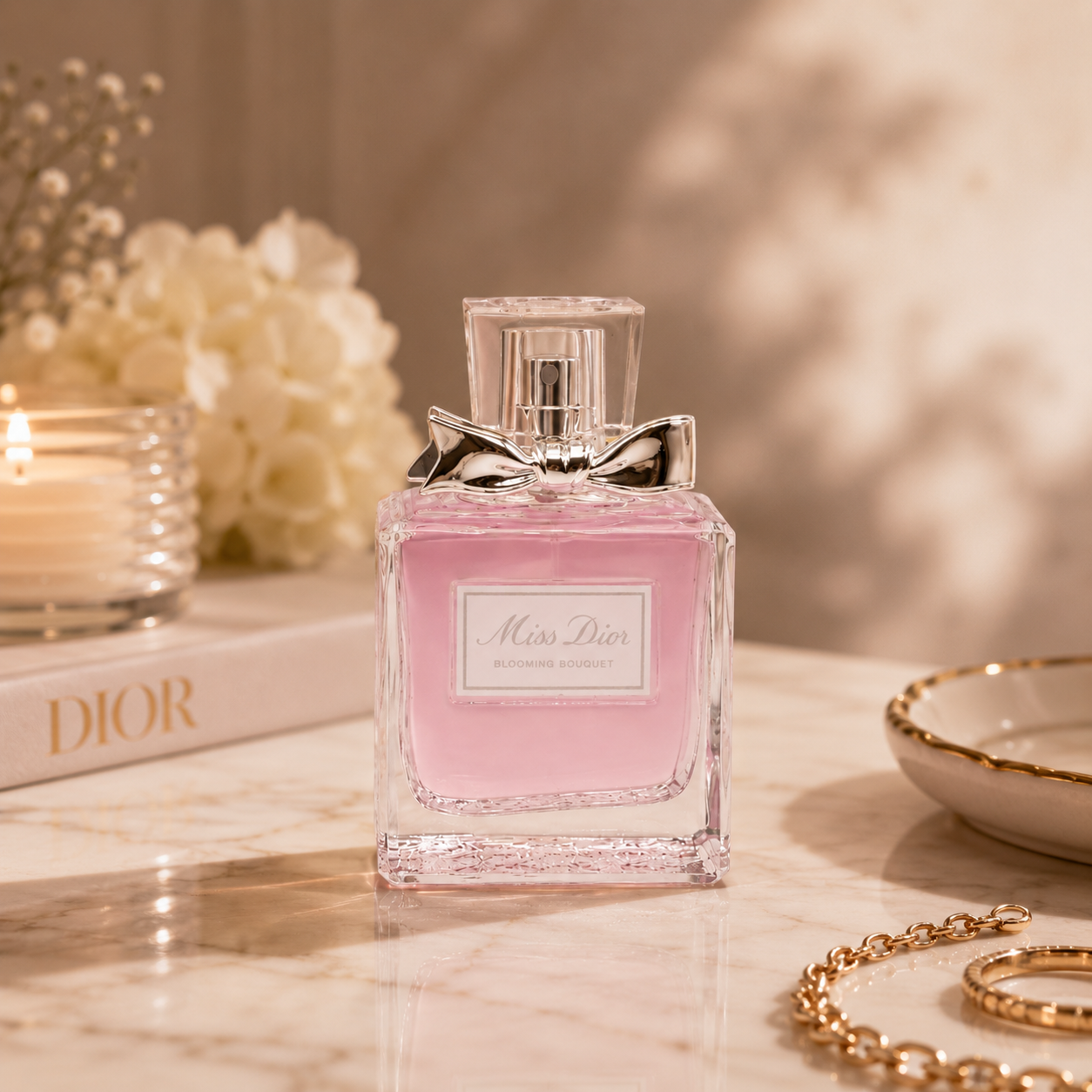 Premium floral perfume displayed on marble surface with luxury accessories and soft beige editorial styling