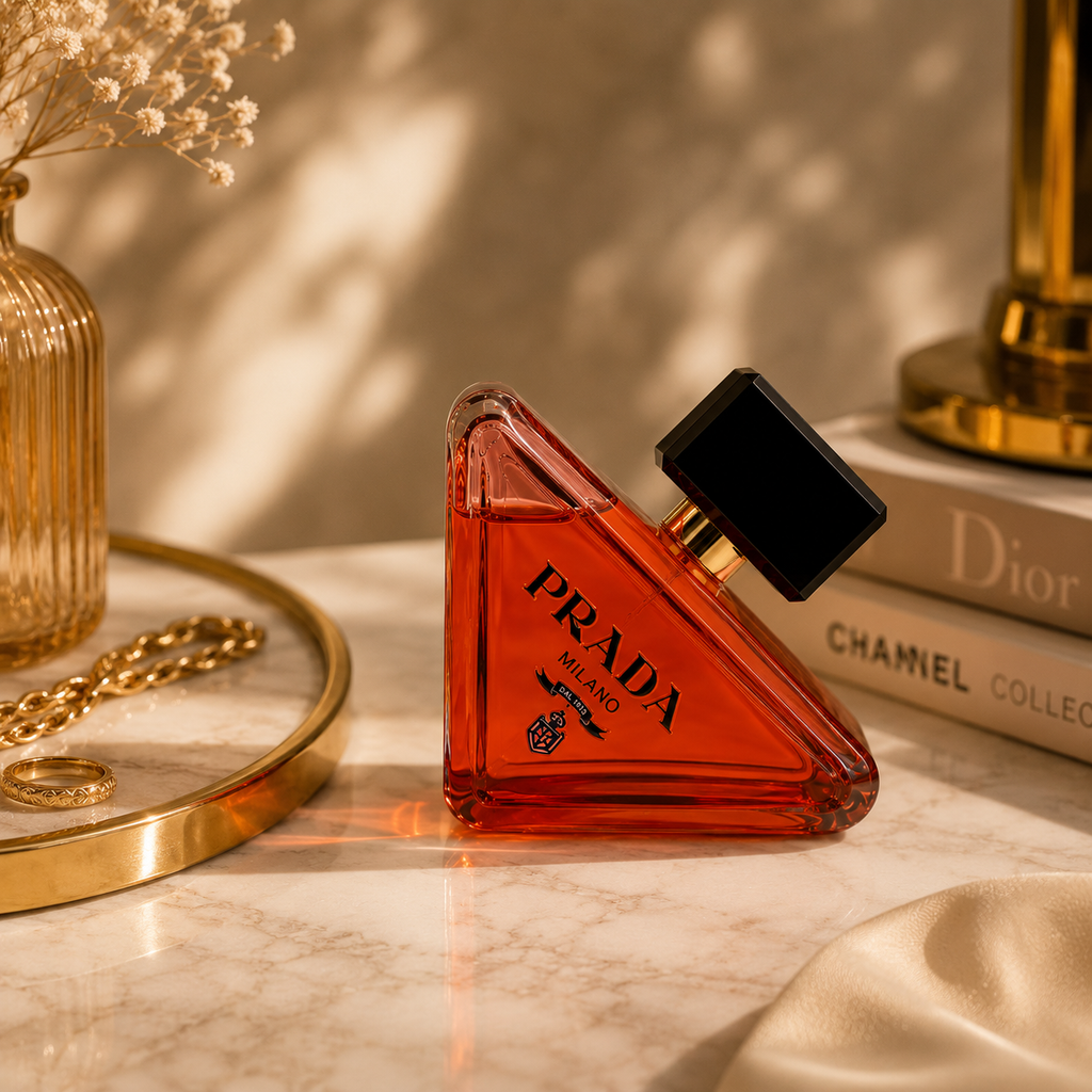 Luxury perfume bottle displayed on a marble surface with elegant styling, soft shadows, and premium fashion aesthetics.