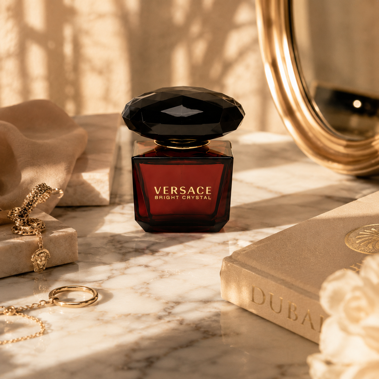 Luxury women's perfume displayed on marble surface with beige tones, gold accessories, and sophisticated editorial styling.
