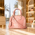 Luxury pink glossy handbag displayed in elegant Dubai-inspired boutique setting with warm lighting and premium fashion aesthetic.