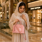 Fashion model holding elegant pink patent leather handbag inside luxury shopping mall with modern UAE fashion styling.