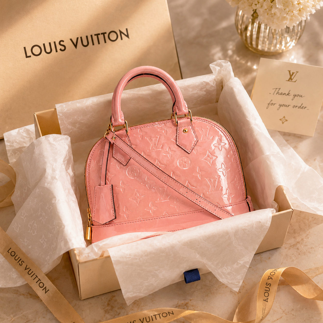 Elegant pink patent leather handbag presented inside luxury packaging box with tissue paper, ribbon, and premium unboxing styling.