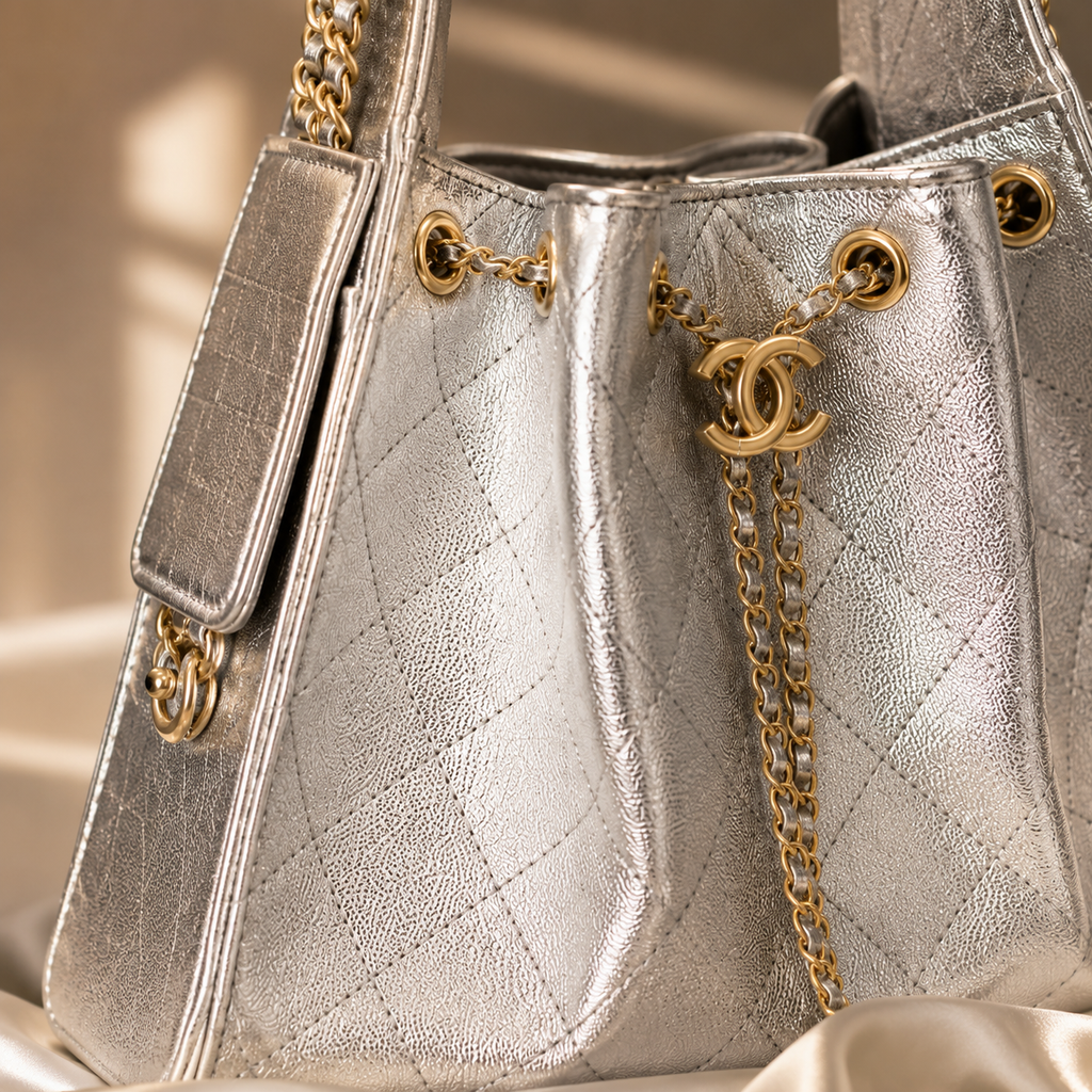 A close-up of a metallic silver quilted handbag with gold-tone chain straps and hardware, including a prominent interlocking CC logo charm. The bag features a textured leather-like finish and is photographed against a soft beige draped fabric background.