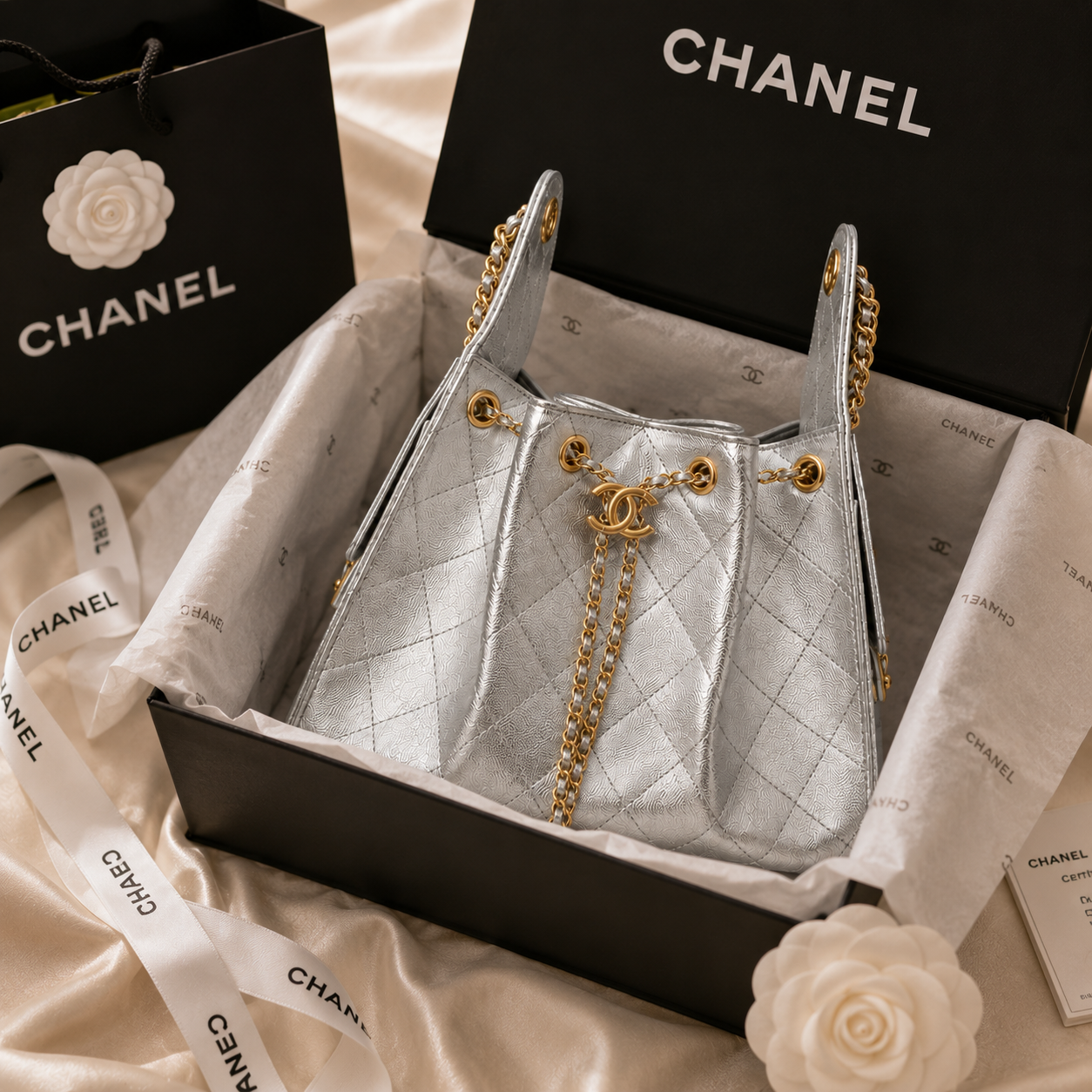 A silver quilted Chanel handbag with gold chain details, presented in an open black Chanel box with branded tissue paper, ribbon, shopping bag, and flower decorations on a satin fabric background.