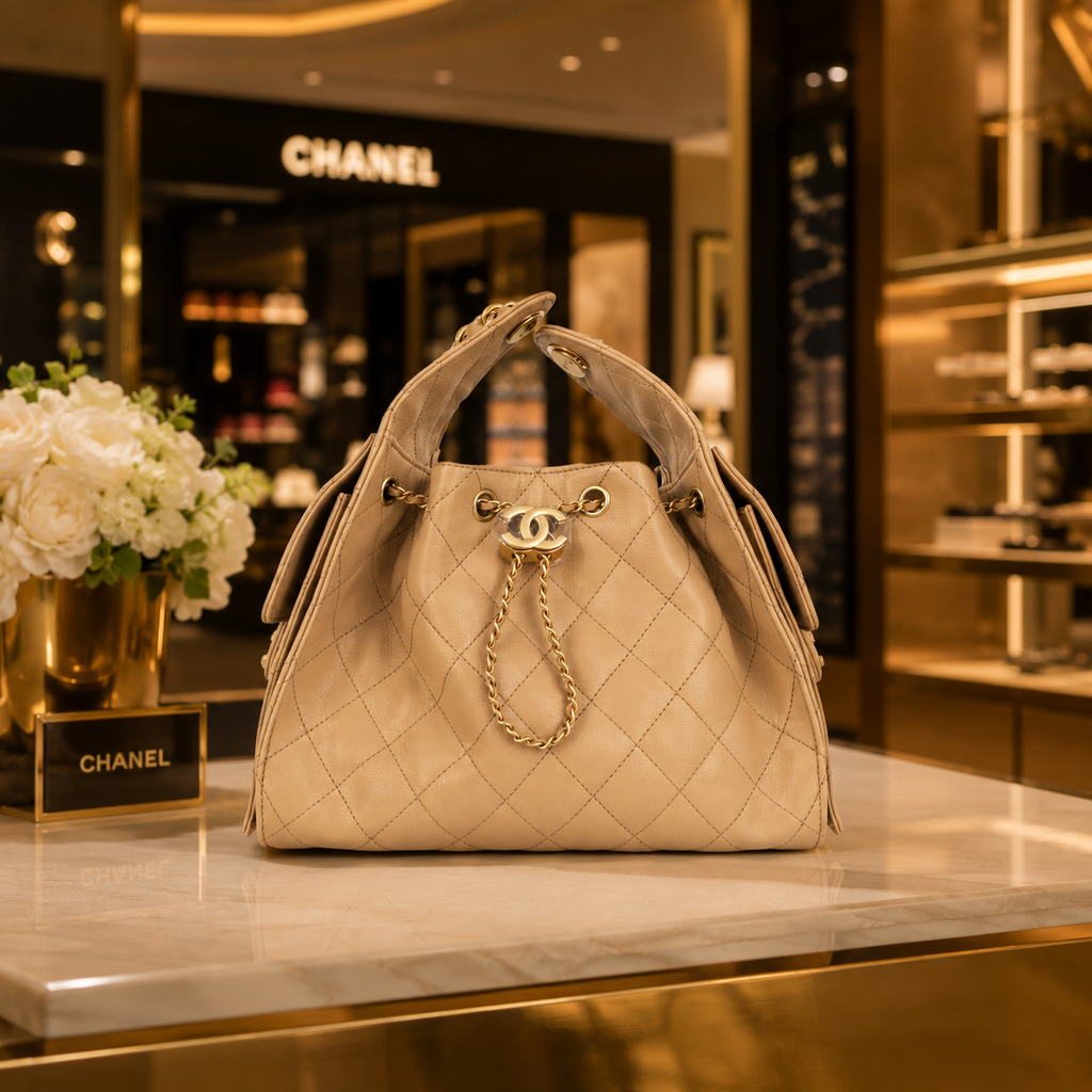A beige quilted Chanel handbag with gold-tone hardware and a chain detail, displayed on a marble counter inside a luxury Chanel boutique.