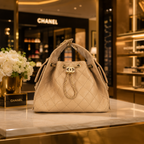 A beige quilted Chanel handbag with gold-tone hardware and a chain detail, displayed on a marble counter inside a luxury Chanel boutique.