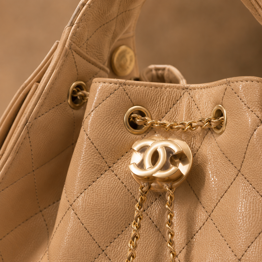 Close-up of a beige quilted leather handbag with gold-tone hardware, featuring a prominent interlocking CC logo charm and chain detail.