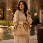 A woman stands in a luxurious courtyard setting, wearing a beige embroidered abaya and holding a matching quilted Chanel handbag with gold hardware.