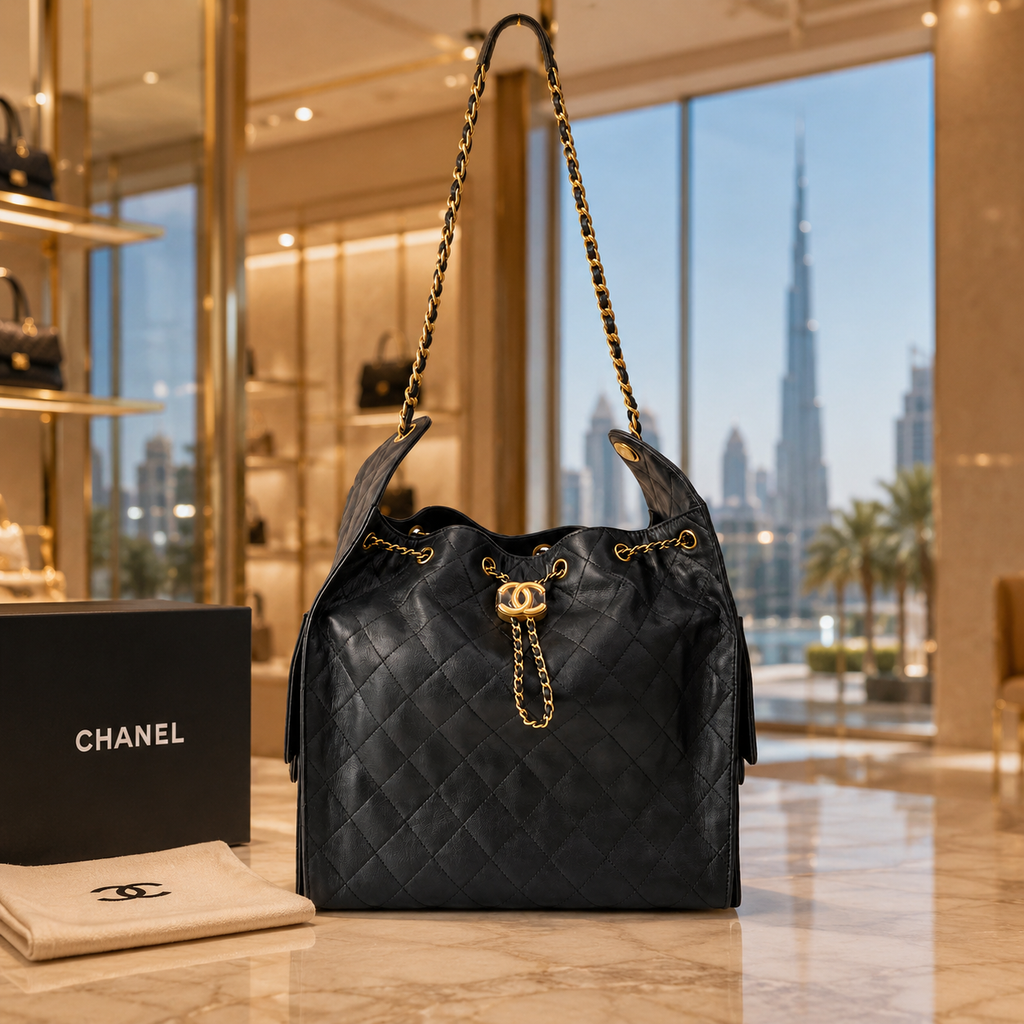A black quilted Chanel bucket bag with gold-tone hardware and a chain strap, displayed on a marble surface next to a black Chanel box and dust bag, with a blurred luxury store interior and Burj Khalifa in the background.